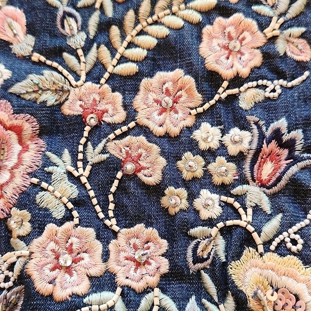 Needle & Thread Sundaze Floral Embroidered Denim Bomber Jacket 2 - Picture 7 of 13